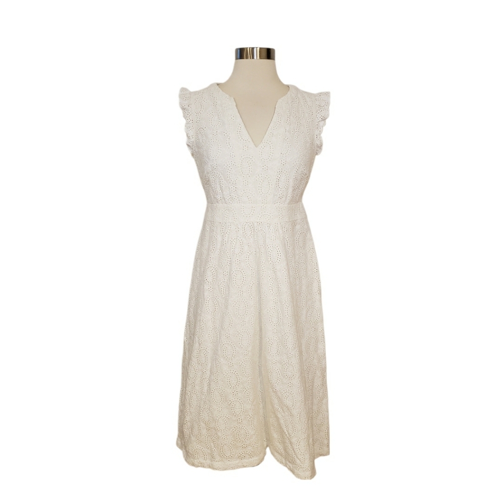 Boden Size 6 Petite White Eyelet Lace Tea Length Fit & Flare Midi Dress